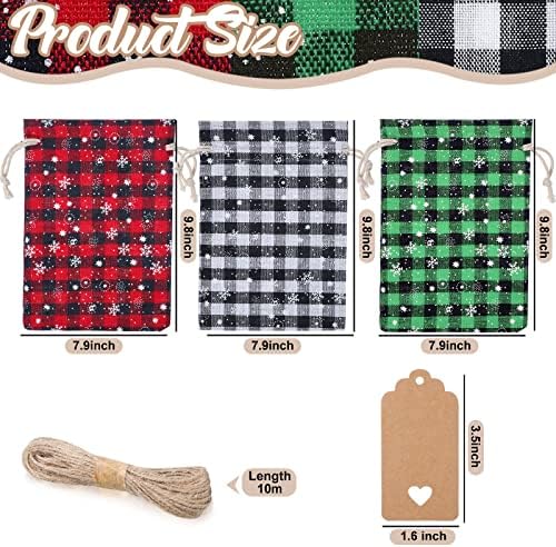 Shappy 24 Pcs Christmas Drawstring Gift Bags Xmas Buffalo Plaid Burlap Advent Bags 10 x 8 Inches Linen Treat Candy Bag with 32.8 ft Rope 24 Card(Mixed Colors with Snowflake)
