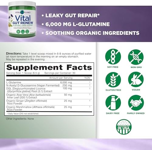 Vital Planet - Vital Gut Renew Powder Supplement for Leaky Gut Repair with L-Glutamine, Marshmallow and Ginger Root, DGL Licorice Root and Organic Aloe Vera, L Glutamine 6000mg 6.88 oz