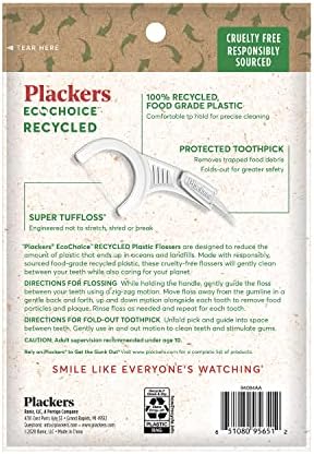 Plackers EcoChoice Fresh Mint Recycled Dental Flossers, Easy Grip Handle, Built in Toothpick, Made with 100% Recycled Food Grade Plastic, 360 Count (Pack of 4)