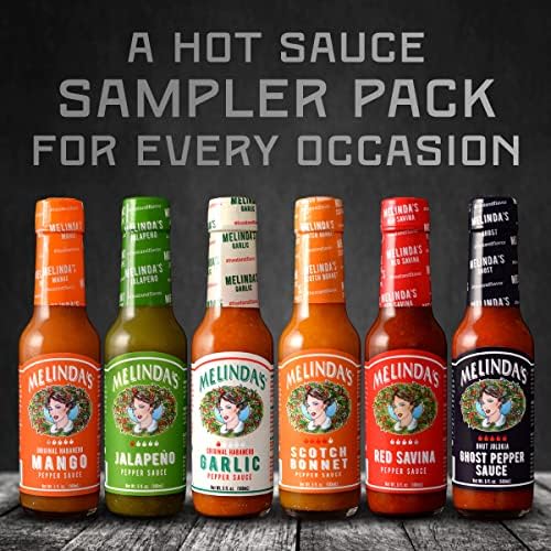 Melinda’s Chef Fig’s Heat & Flavor Collection - Gourmet Hot Sauce Gift Set with a Variety of Flavors & Spice Levels - Includes Ghost, Mango, Garlic, Red Savina, Scotch Bonnet, Jalapeño - 5 oz, 6 Pack