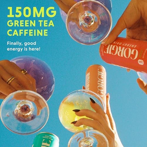 GORGIE Sugar Free Natural Energy Drinks, Peach (12 Pack) - Healthy Energy Drinks - Natural Coffee Replacement with Green Tea Caffeine and Biotin - 150mg Caffeine, Vegan, & Low Calorie