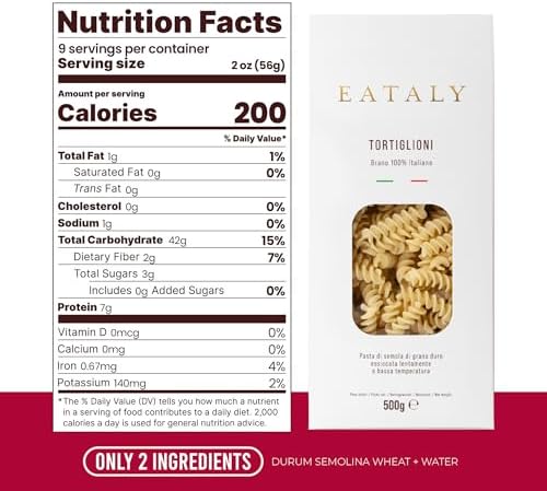 Eataly Italian Tortiglioni Pasta Noodles - 500g (17 oz.) Box -Authentic Durum Semolina Wheat - Made in Italy- Dried Pasta for Gourmet Dining, 1 Pack