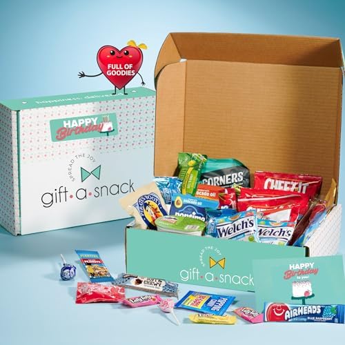Gift A Snack - Happy Birthday Snack Box Variety Pack Care Package + Greeting Card (45 Count) Bday Sweet Treats Gift Basket, Candies Chips Crackers Bars - Office Food Assortments
