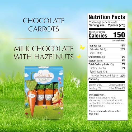 Lindt Chocolate Carrots, Solid Milk Chocolate Easter Candy Blended with Hazelnut, 1.9 Oz Box