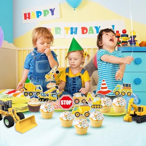 45 PCS Construction Cupcake Toppers Dump Truck Excavator Tractor Stop Sign Part Cake Toppers for Construction Theme Kids Birthday Decorations Baby Shower Birthday Sign Decor Party Decor Party Supplies