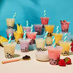 Thoughtfully, Mini Boba Pearl Party Set, Makes 16 Tasting Portions of Bubble Tea, Includes 4 Flavors, Cups, Lids, Straws, & Stickers, Boba Milk Tea Party Kit