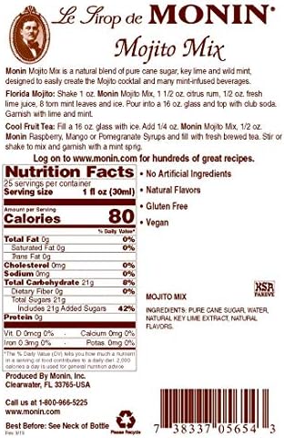 Monin - Mojito Mix Syrup, Sweet Herbal Mint Flavor, Great for Frozen Cocktails, Mocktails, & Delicious Desserts, Gluten-Free, Vegan, Non-GMO (750 ml)