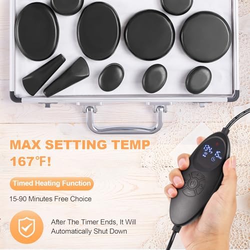 Hot Stones Massage Warmer Kit with Temperature Adjustment, 21 Pcs Hot Stones Massage Set, Portable Hot Stone with Heater for Home Spa Warming Therapy Relaxing