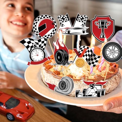 48 Pieces Race Car Cupcake Toppers Checkered Race Car Cupcake Picks for Racing Theme Party Baby Shower Birthday Party Decoration Supplies