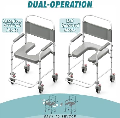Bedside Commode with Wheels, Shower Wheelchair with 300 LBS Weight Capacity, Portable Toilet with Bucket for Elderly and Disabled