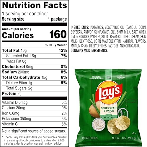 Lay's Potato Chips, Sour Cream & Onion, 1 Ounce (Pack of 104)