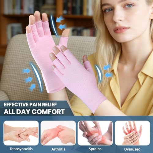 2 Pairs Arthritis Gloves, Hand Compression Gloves for Rheumatoid, Pain Relief, Carpal Tunnel, Swelling, Joint Support, Driving Fingerless Gloves for Women Men (Black + Pink, Medium)