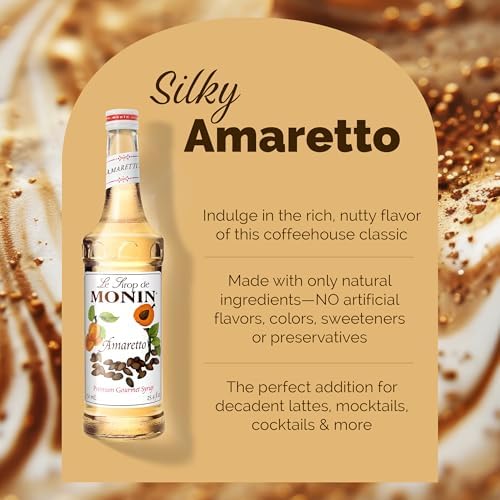 Monin - Amaretto Syrup, Almond-Caramel Cookie Taste, Natural Flavors, Great for Coffees, Lattes, Cocktails, and Mocktails, Non-GMO, Gluten-Free (750 ml)