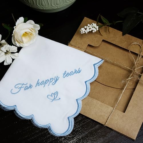 Embroidered Cotton White Handkerchief Hankie with Scalloped Edges Soft 11" x 11" Blue Wedding Gift for Bride
