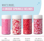Sweets Indeed Valentines Day Sprinkles 4 Pack | Pink Sanding Sugar, Red White Pink Nonpareils, Red Heart Sprinkles & Valentine Jimmies Mix | Baking & Decorating 10.90 ounces
