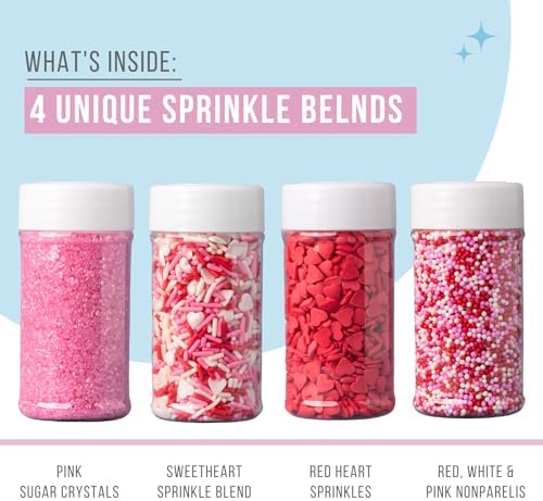 Sweets Indeed Valentines Day Sprinkles 4 Pack | Pink Sanding Sugar, Red White Pink Nonpareils, Red Heart Sprinkles & Valentine Jimmies Mix | Baking & Decorating 10.90 ounces