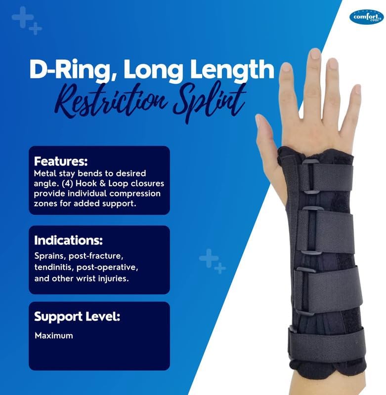 Comfort Cool D-Ring Wrist Brace. Indications - Carpal Tunnel, Tendonitis, Arthritis, Sprains, Post Cast. Soft, Lightweight Immobilizer with Finger Mobility, Removable Splint. Left Small.