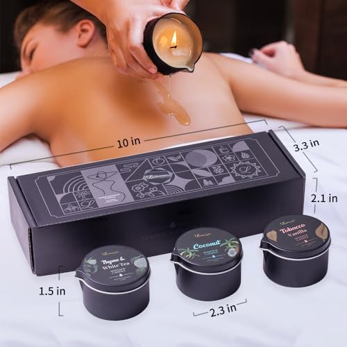 Massage Oil Candle 3 Pack,Coconut Oil Based-Daily Moisturizing Body Oil Relaxing-Natural Therapy Oil Scented Candle-6.9OZ (Coconut, Tobacco Vanilla, Thyme & White Tea)