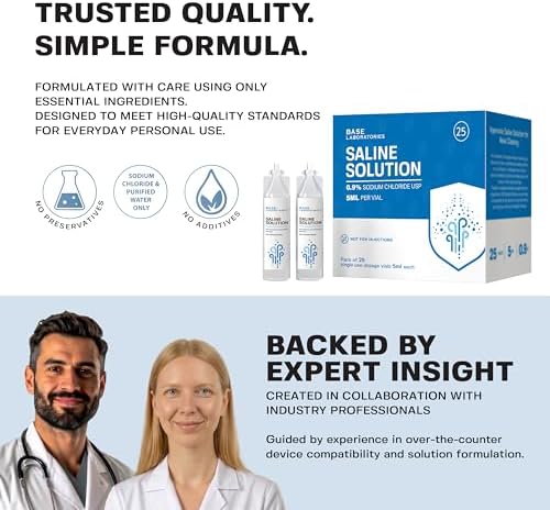 BASE LABORATORIES 0.9% Saline Solution Vials - Versatile 0.9% Sodium Chloride Saline Ampoules - Preservative Free Saline Solution Single use vials - USP Grade 25 Vials x 5ml Count