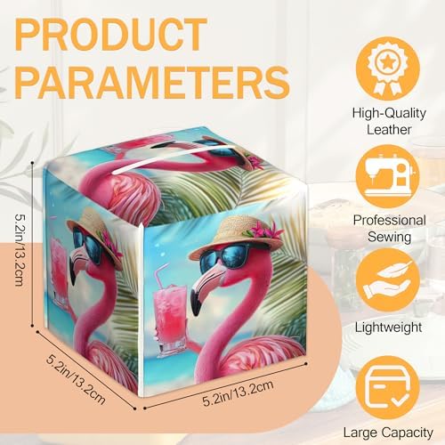 Sunglasses Flamingo 2 Pcs Tissue Box Cover Square Leather Tissue Case Holder Facial Paper Organizer Decorative for Bathroom Kitchen Car Office Home Decor
