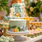 Four Ever Wild 4th Birthday Cake Topper,Jungle Safari Animal Party Decorations with Lion Giraffe Monkey Elephant Zebra for Wild Animals Themed Birthday Baby Shower Party Supplies