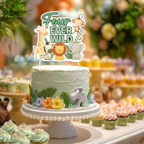 Four Ever Wild 4th Birthday Cake Topper,Jungle Safari Animal Party Decorations with Lion Giraffe Monkey Elephant Zebra for Wild Animals Themed Birthday Baby Shower Party Supplies