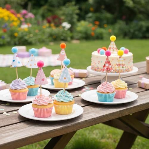 22 Pcs Party Hat Cupcake Toppers, Mini Cupcake Birthday Decorations for Baby Shower, Wedding, and Festival Celebrations, DIY Birthday Hats Cup Cake Toppers Dessert Decoration