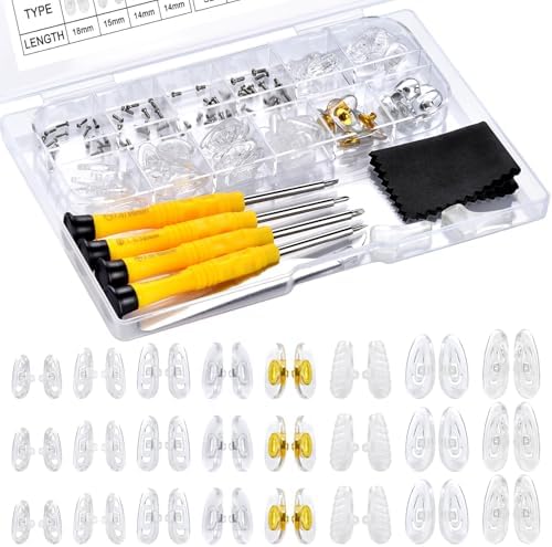 Eyeglass Nose Pads Replacement with 4 Sizes Screws, 24 Pairs Screw-in Glasses Nose Pads, Upgraded Eyeglass Repair Kit with Precision Screwdrivers, Tweezers, Glasses Cloth for Glasses, Sunglasses