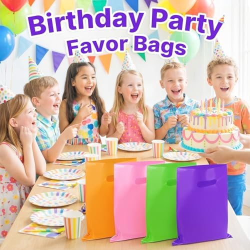 ANZNKU 50 PCS Purple Party Favor Bags, Goodie Bag for Candy Treat Jewelry Craft, Plastic Gift Bags with Die Cut Handles for Birthday, School Events & Small Business, Halloween, Easter Gifts(8x11 inch)