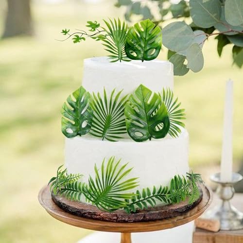 30PCS Artificial Monstera Leaf Cake Toppers Tropical Palm Green Leaves Cake Decors for Summer Safari Animal Boys Girls Birthday Tropical Rainforest Baby Shower Party Table Centerpiece Decorations