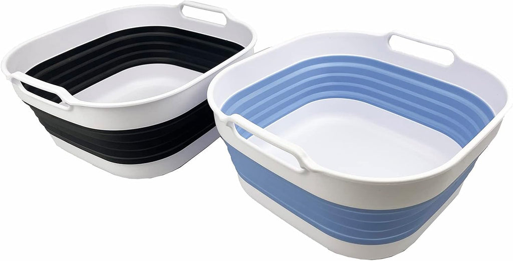 SAMMART 10L (2.64 Gallon) Collapsible Dishpan - Foldable Washing Basin - Portable Dish Washing Tub - Space Saving Kitchen Storage Tray (Charcoal Black + Baby Blue)