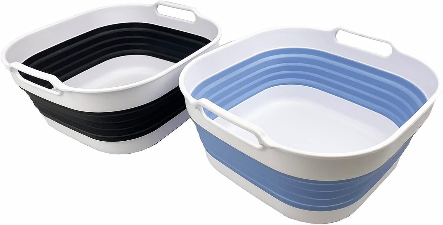 SAMMART 10L (2.64 Gallon) Collapsible Dishpan - Foldable Washing Basin - Portable Dish Washing Tub - Space Saving Kitchen Storage Tray (Charcoal Black + Baby Blue)