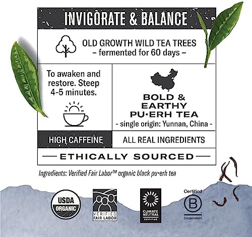 Numi Organic Emperor's Pu-erh Tea, 16 Dark Tea Bags, Aged Fermented Yunnan Black Tea, Caffeinated