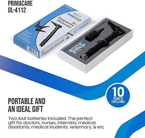 PrimaCare DL-4112 Mini Diagnostic Otoscope Kit with High Resolution LED Ear Light, Medical LED Pocket Clip Otoscope for Nurse, Student, Doctors EMT, 3 Sized Speculas