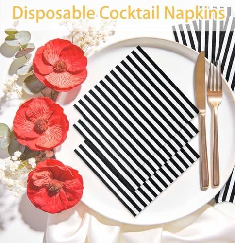 SietDESEO 50 Pieces Black Striped Napkins Disposable 3-Ply Black and White Striped Cocktail Napkins Paper Dinner Napkins for Birthday Baby Shower Wedding Party Beverage Napkin