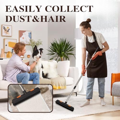 Pet Rubber Broom with 49inch Long Handle, Portable Detailing Lint Remover, Soft Push Broom for Fluff Carpet, Hardwood, Tile, Window (Black)