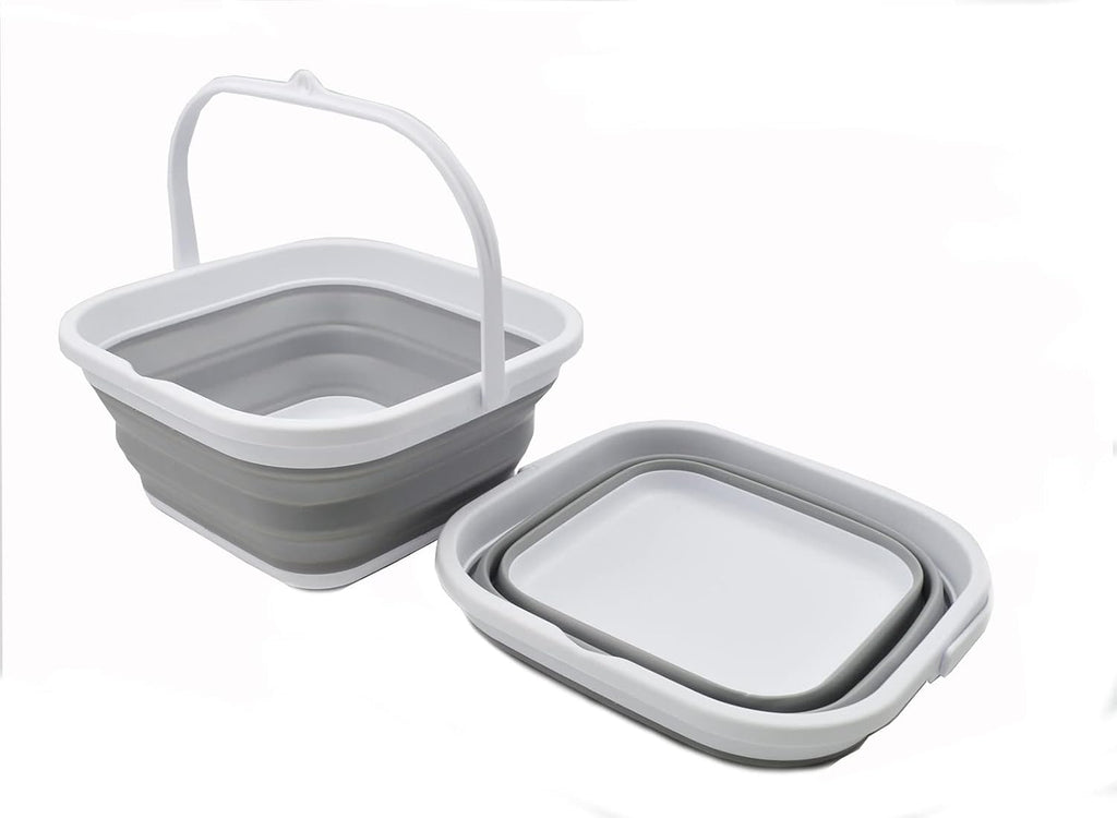 SAMMART 5.5L (1.4 Gallon) Collapsible Square Handy Bucket/Foldable SquareWater Pail/Portable Tub with Handle. (White/Grey (Set of 2))