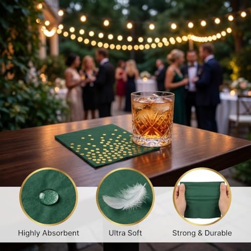 100Pcs Green Cocktail Napkins, 6.5 Inch Gold Dots Paper Napkins Disposable Party Napkins for Bar, Weddings, Graduations, Easter, St. Patrick‘s Day Decorations