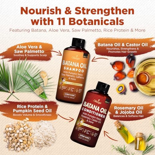 Batana Oil Shampoo & Conditioner Bundle (Okaga Shower Set) with Aloe Vera Leaf Juice, Saw Palmetto, Caffeine, Biotin, Jojoba, Pumpkin Seed, Castor, Rosemary & Hydrolyzed Rice Protein