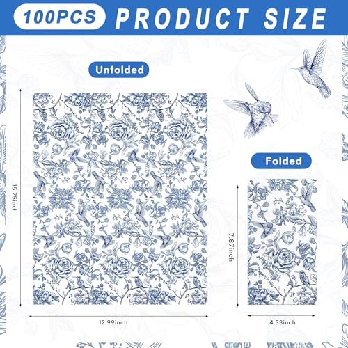 100Pcs Blue Floral Paper Napkins 3 Ply Disposable Cocktail Napkins Hummingbird Hand Towels for Bathroom Wedding Bridal Tea Party Supplies