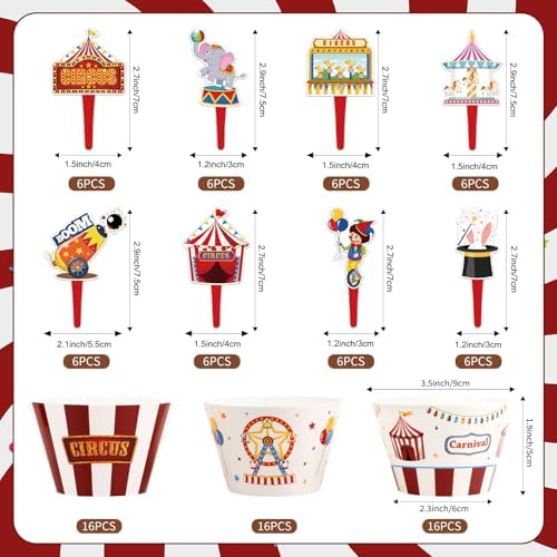 48 Pack Circus Cupcake Toppers and Wrappers, Carnival Party Cake Decoration for Carnival Theme Birthday Party Baby Shower Supplies