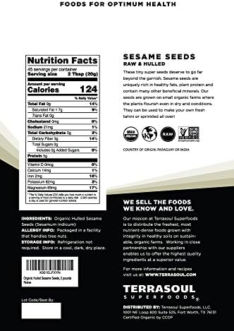 Terrasoul Superfoods Organic Hulled Sesame Seeds, 2 Lbs - Perfect for Tahini | Gluten-free | Raw