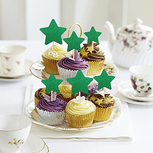 30 PCS Star Cupcake Toppers Glitter Assembled Twinkle Star Cupcake Picks Wedding Engagement Bridal Shower Birthday Party Cake Decorations Supplies Mixed Size Green