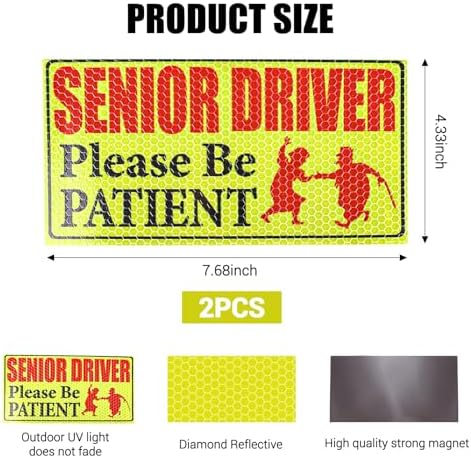 Hovom 2PCS Senior Driver Magnet for Car, Reflective Elderly Driver Car Magnet Warning Safety Sign, Please Be Patient Magnetic Sticker for Seniors, Old People Gag Gifts for Grandma Grandpa (2PCS)
