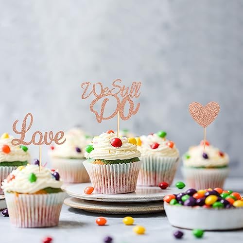 24Pcs We Still Do Cupcake Toppers Glitter Love Heart Marriage Anniversary Cupcake Picks Bridal Shower Wedding Engagement Birthday Cake Decorations Supplies - Rose Gold Glitter