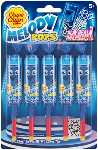 Chupa Chups Melody Pop, Blue Raspberry Flavor, Whistle Lollipops, Individually Wrapped Candy Suckers, 5 Count Pack (Pack of 2)