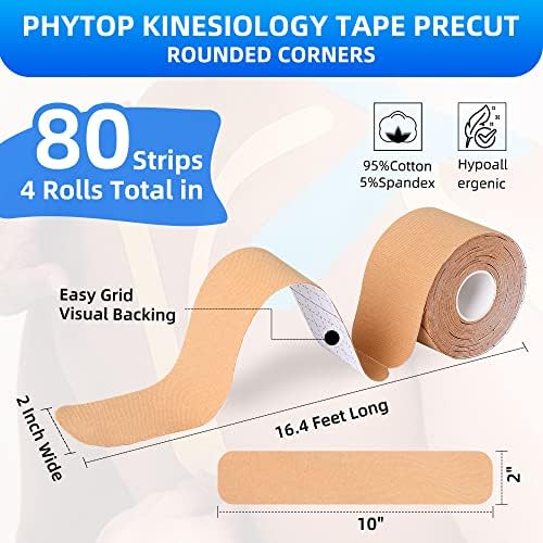 Kinesiology Tape Precut Strips - 4 Rolls Beige (2"x16.4ft) - Waterproof K Sports Tape for Muscle Support, Easy Application, Breathable & Latex Free