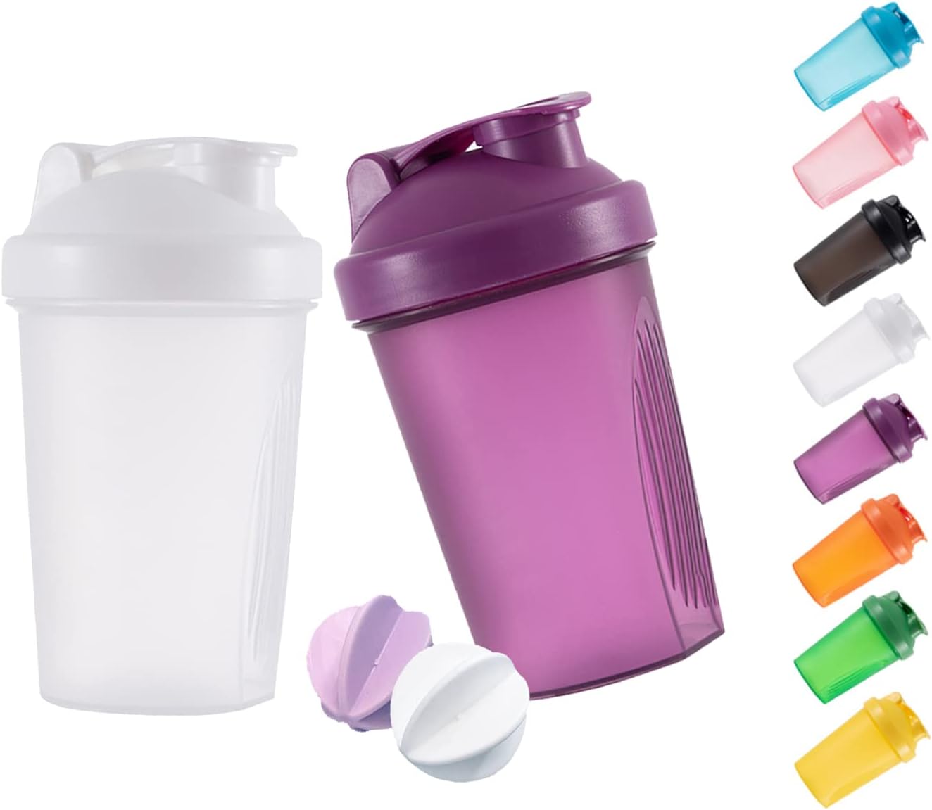 Shaker Bottle Protein Shakes and 16-Ounce/400ML Shakers Bottles with Whisk Balls,Non-BPA plastic(Purple+White(2PCS))