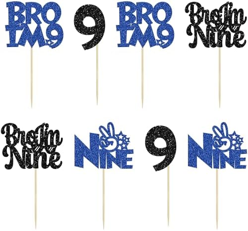 Ephlyn 24Pcs Bro I'm 9 Cupcake Toppers Glitter Boy 9th Birthday Cupcake Pick Decorations for Cheers to Nine Years Old Big Brother 9th Birthday Party Supplies