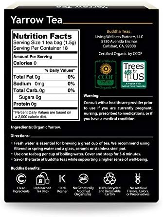 Buddha Teas Organic Yarrow Tea - OU Kosher, USDA Organic, CCOF, 18 Bleach-Free Tea Bag